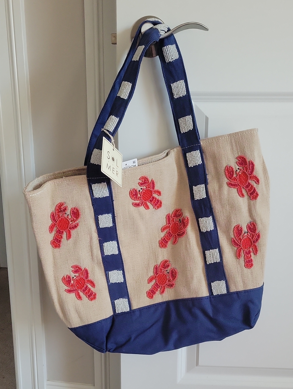 Sol & Mer Beige Canvas Tote with Navy Trim and Red Lobster Beaded Embroidery
